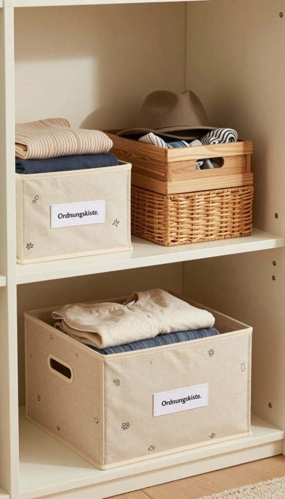 A cozy and organized wardrobe featuring various types of storage boxes labeled “Ordnungskiste.” In the foreground, display a beautifully designed fabric storage box in soft beige, adorned with minimalistic patterns, gently opened to reveal neatly folded clothing inside. In the middle, include a set of wooden and woven baskets stacked for visual interest, containing a variety of items like scarves and hats. In the background, showcase a softly lit closet space with warm, natural tones, accented by gentle shadows that create depth. The lighting should be warm and inviting, resembling a Pinterest aesthetic, evoking feelings of comfort and organization, perfect for a laundry organizer overview. A cozy and organized wardrobe featuring various types of storage boxes labeled “Ordnungskiste.” In the foreground, display a beautifully designed fabric storage box in soft beige, adorned with minimalistic patterns, gently opened to reveal neatly folded clothing inside. In the middle, include a set of wooden and woven baskets stacked for visual interest, containing a variety of items like scarves and hats. In the background, showcase a softly lit closet space with warm, natural tones, accented by gentle shadows that create depth. The lighting should be warm and inviting, resembling a Pinterest aesthetic, evoking feelings of comfort and organization, perfect for a laundry organizer overview.