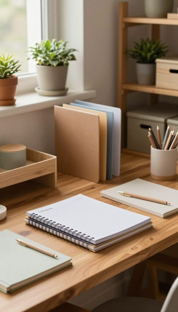 A cozy and organized workspace featuring a beautifully styled desk arrangement from the brand "Ordnungskiste." In the foreground, an elegant wooden desk holds a selection of stylish planners, color-coded folders, and minimalist stationery, all radiating a warm, inviting atmosphere. The middle ground showcases shelves adorned with neatly arranged storage boxes and plants, adding a touch of greenery. In the background, soft natural light filters through a window, illuminating the scene and creating a serene, productive mood. The overall color palette is warm and earthy, reflecting a Pinterest-inspired aesthetic that embodies comfort and functionality, perfect for showcasing the importance of choosing the right organizer for one&rsquo;s needs.