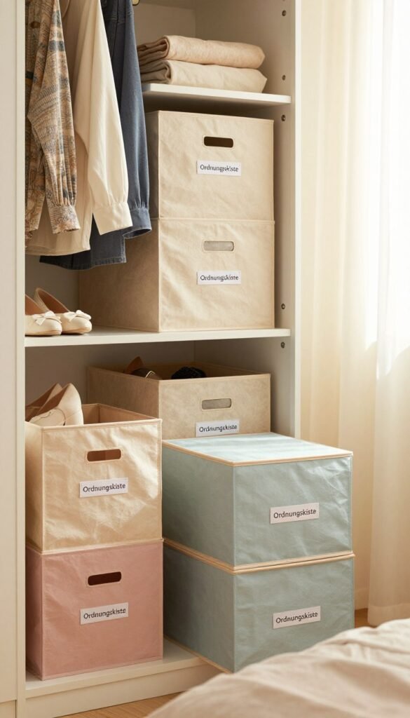 A cozy and stylish bedroom scene featuring a well-organized wardrobe equipped with stylish fabric storage boxes, branded "Ordnungskiste". In the foreground, showcase a few boxes in soft pastel colors, neatly stacked and labeled for different categories like clothing, shoes, and accessories. In the middle ground, highlight an open wardrobe featuring organized clothing and accessories paired with the fabric boxes enhancing tidiness. The background should have a soft-focus, warm-lit window casting gentle light into the room, evoking a clear and inviting atmosphere. Use natural colors that reflect a Pinterest-inspired aesthetic, creating an authentic, serene mood without any text or overlays. Aim for a perspective that enhances the sense of organization and style in everyday life.