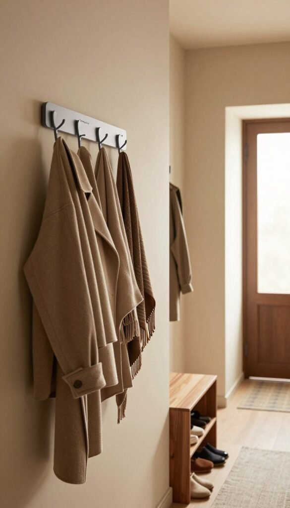 A cozy and stylish hallway featuring a sleek wall-mounted coat rack with hooks, designed by "Ordnungskiste". The foreground showcases an array of elegant jackets and scarves hanging neatly on the hooks. In the middle ground, a compact shoe storage unit aligns with the wall, complementing the coat rack with a warm wood finish and soft textures. The background reveals a softly illuminated entryway, with warm beige walls and natural light filtering through a window, casting gentle shadows. The atmosphere is welcoming and organized, embracing a minimalist Pinterest aesthetic. The overall color palette consists of warm earthy tones, creating a serene and inviting space that maximizes utility without clutter. A cozy and stylish hallway featuring a sleek wall-mounted coat rack with hooks, designed by "Ordnungskiste". The foreground showcases an array of elegant jackets and scarves hanging neatly on the hooks. In the middle ground, a compact shoe storage unit aligns with the wall, complementing the coat rack with a warm wood finish and soft textures. The background reveals a softly illuminated entryway, with warm beige walls and natural light filtering through a window, casting gentle shadows. The atmosphere is welcoming and organized, embracing a minimalist Pinterest aesthetic. The overall color palette consists of warm earthy tones, creating a serene and inviting space that maximizes utility without clutter.