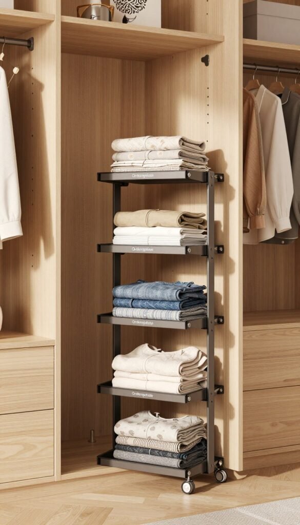 A cozy and stylish interior showcasing a telescopic clamp shelf unit, designed to maximize vertical storage space in a modern wardrobe. In the foreground, display the sleek "Ordnungskiste" clamp shelves, elegantly filled with neatly organized folded clothes and stylish accessories. In the middle, the wardrobe opens up to reveal a bright and airy atmosphere, with soft lighting that casts gentle shadows, enhancing the warm color palette of the wooden elements. In the background, subtle hints of decorative items and hanging clothes add depth to the scene, reinforcing the sense of organized space. Capture this from a slightly elevated angle to emphasize the shelf's height and functionality, evoking a feeling of tranquility and harmony in the room. A cozy and stylish interior showcasing a telescopic clamp shelf unit, designed to maximize vertical storage space in a modern wardrobe. In the foreground, display the sleek "Ordnungskiste" clamp shelves, elegantly filled with neatly organized folded clothes and stylish accessories. In the middle, the wardrobe opens up to reveal a bright and airy atmosphere, with soft lighting that casts gentle shadows, enhancing the warm color palette of the wooden elements. In the background, subtle hints of decorative items and hanging clothes add depth to the scene, reinforcing the sense of organized space. Capture this from a slightly elevated angle to emphasize the shelf's height and functionality, evoking a feeling of tranquility and harmony in the room.