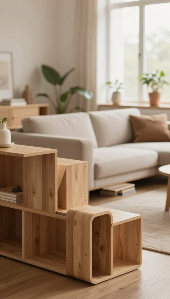 A cozy and stylish interior showcasing space-saving furniture with storage solutions in a warm, inviting color palette. In the foreground, there's a beautifully designed shelving unit by "Ordnungskiste," made of light wood with geometric shapes, highlighting its size, height, and depth. The middle ground features a sleek, multi-functional sofa, blending modern aesthetics with practicality, arranged against a backdrop of soft, neutral walls and natural light streaming in through a large window. The background includes tasteful plants and decorative elements to create a harmonious atmosphere. Capture this scene with a soft focus effect and warm, diffused lighting to evoke a homey, Pinterest-inspired feel. The image should be devoid of any text or branding other than "Ordnungskiste." A cozy and stylish interior showcasing space-saving furniture with storage solutions in a warm, inviting color palette. In the foreground, there's a beautifully designed shelving unit by "Ordnungskiste," made of light wood with geometric shapes, highlighting its size, height, and depth. The middle ground features a sleek, multi-functional sofa, blending modern aesthetics with practicality, arranged against a backdrop of soft, neutral walls and natural light streaming in through a large window. The background includes tasteful plants and decorative elements to create a harmonious atmosphere. Capture this scene with a soft focus effect and warm, diffused lighting to evoke a homey, Pinterest-inspired feel. The image should be devoid of any text or branding other than "Ordnungskiste."