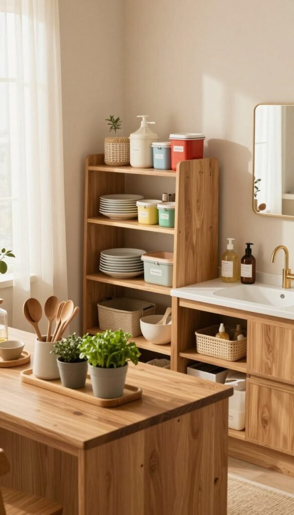 A cozy and stylish kitchen and bathroom storage solution that maximizes space efficiency in a small apartment. In the foreground, a modern wooden kitchen island with organized utensils and fresh herbs in pots. In the middle, open shelves displaying neatly stacked dishes and colorful storage containers labeled with "Ordnungskiste" for a touch of brand identity. A sleek bathroom counter with minimalist decor, showcasing neatly arranged toiletries in stylish baskets. The background features soft, warm lighting that enhances the inviting atmosphere, emitted from a window with sheer curtains. The overall mood is harmonious and functional, reflecting Pinterest-worthy aesthetics, with a natural color palette that invites tranquility and organization. No text or watermarks are present in the image.