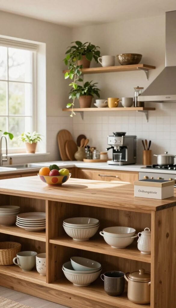 A cozy and stylish kitchen interior featuring a warm color palette and natural light. In the foreground, there are elegant wooden shelves neatly displaying beautiful kitchenware and plants, reflecting an organized space without traditional cabinets. The middle section showcases a spacious countertop with a small, colorful fruit bowl and a modern coffee maker, illustrating functionality and charm. In the background, large windows allow sunlight to stream in, enhancing the inviting atmosphere. The scene embodies a Pinterest-inspired aesthetic with an air of authenticity. Highlight "Ordnungskiste" subtly in the kitchen decor, like on a chic storage box or label. The image should evoke feelings of harmony and simplicity, perfect for an article focused on decluttering and innovative storage solutions.