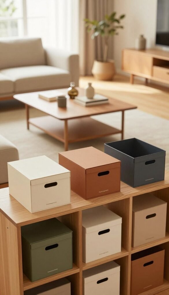 A cozy and stylish living room featuring an innovative Ordnungssystem by "Ordnungskiste," designed to create a clutter-free environment. In the foreground, showcase a neatly organized shelf filled with versatile storage boxes, emphasizing their functionality and aesthetic appeal with warm, inviting colors. The middle ground features a smartly arranged coffee table with tasteful decor items that complement the Ordnungssystem. In the background, soft natural light filters through a large window, illuminating a clean and minimalistic design. Use a slightly elevated angle to capture the harmonious layout of the room, conveying a sense of tranquility and organization. The atmosphere should feel warm and inviting, perfect for illustrating effective space-saving solutions without any text or distractions in the image.