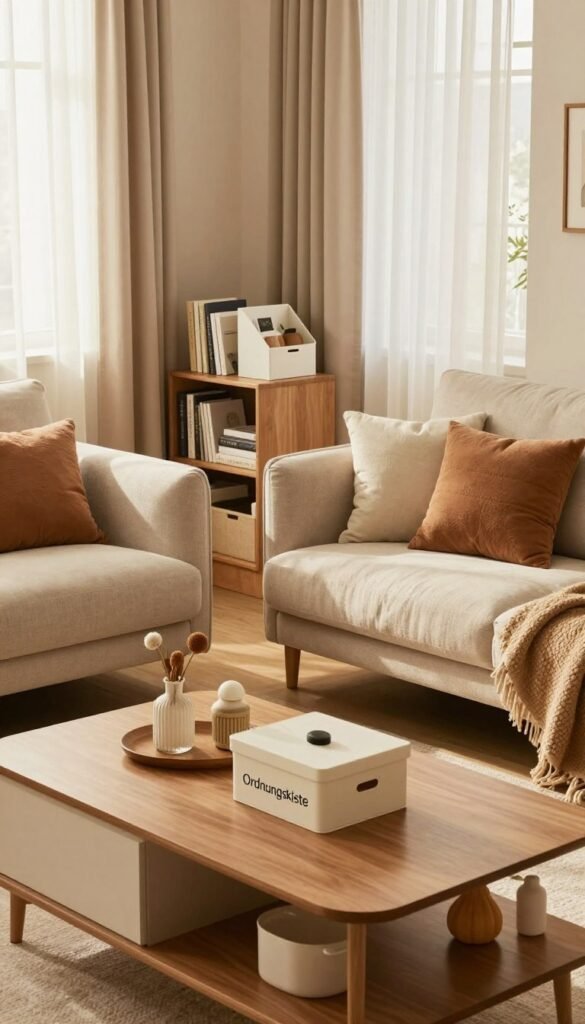 A cozy and stylish living room showcasing effective organization tips, focusing on a harmonious arrangement of furniture and decor. In the foreground, a neatly styled coffee table with decorative storage boxes labeled "Ordnungskiste", surrounded by aesthetically pleasing decorative items. In the middle, an inviting sofa adorned with plush cushions and a soft throw, complemented by a small bookshelf filled with books and attractive organizers. The background features a well-lit window with sheer curtains allowing warm, natural light to flood the space, enhancing the inviting atmosphere. The color palette should be warm and earthy, reminiscent of Pinterest aesthetics, creating a serene and clutter-free environment. Capture this scene from a slightly elevated angle, emphasizing the spacious and tidy feel of the room.