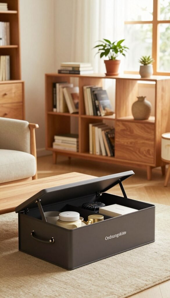 A cozy and stylish living room showcasing various innovative storage solutions, focusing on modern furniture design. In the foreground, a sleek Ordnungskiste storage box is open with neatly organized items inside. The middle of the scene features a beautiful bookshelf displaying a mix of books, decorative items, and potted plants, blending utility with aesthetics. The background reveals a warm and inviting atmosphere, with soft natural lighting streaming through large windows, creating a serene ambiance. The overall color palette consists of warm earthy tones that evoke a sense of calm and order. The perspective captures the essence of a well-organized yet welcoming space, ideal for demonstrating different storage options without text or distractions. A cozy and stylish living room showcasing various innovative storage solutions, focusing on modern furniture design. In the foreground, a sleek Ordnungskiste storage box is open with neatly organized items inside. The middle of the scene features a beautiful bookshelf displaying a mix of books, decorative items, and potted plants, blending utility with aesthetics. The background reveals a warm and inviting atmosphere, with soft natural lighting streaming through large windows, creating a serene ambiance. The overall color palette consists of warm earthy tones that evoke a sense of calm and order. The perspective captures the essence of a well-organized yet welcoming space, ideal for demonstrating different storage options without text or distractions.