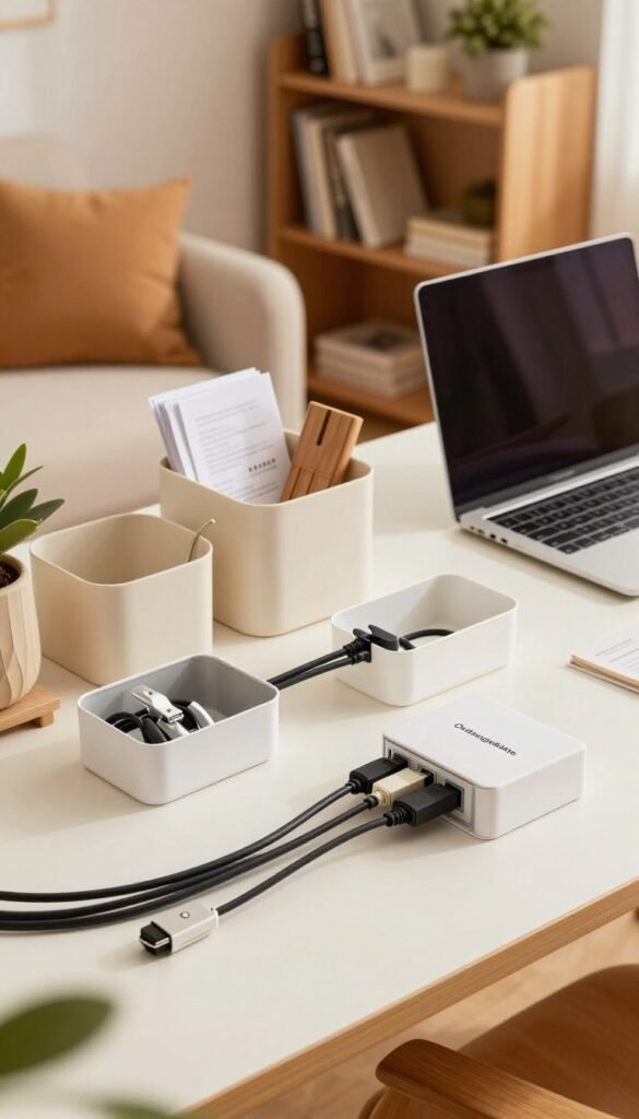 A cozy and stylish living room/home office setup featuring effective cable management solutions. In the foreground, organize cables neatly with elegant cable clips and sleek cable boxes from the brand "Ordnungskiste." In the middle, a modern desk with a laptop, surrounded by minimalistic storage containers for papers and small items, incorporating warm colors and natural textures. The background displays a comfortable seating area with a stylish bookshelf filled with neatly arranged books and plants, evoking a Pinterest-inspired aesthetic. Soft, warm lighting illuminates the space, creating a welcoming atmosphere. Capture this scene from a slightly elevated angle to emphasize organization and cleanliness while avoiding clutter. No text or branding overlays are present in the image.