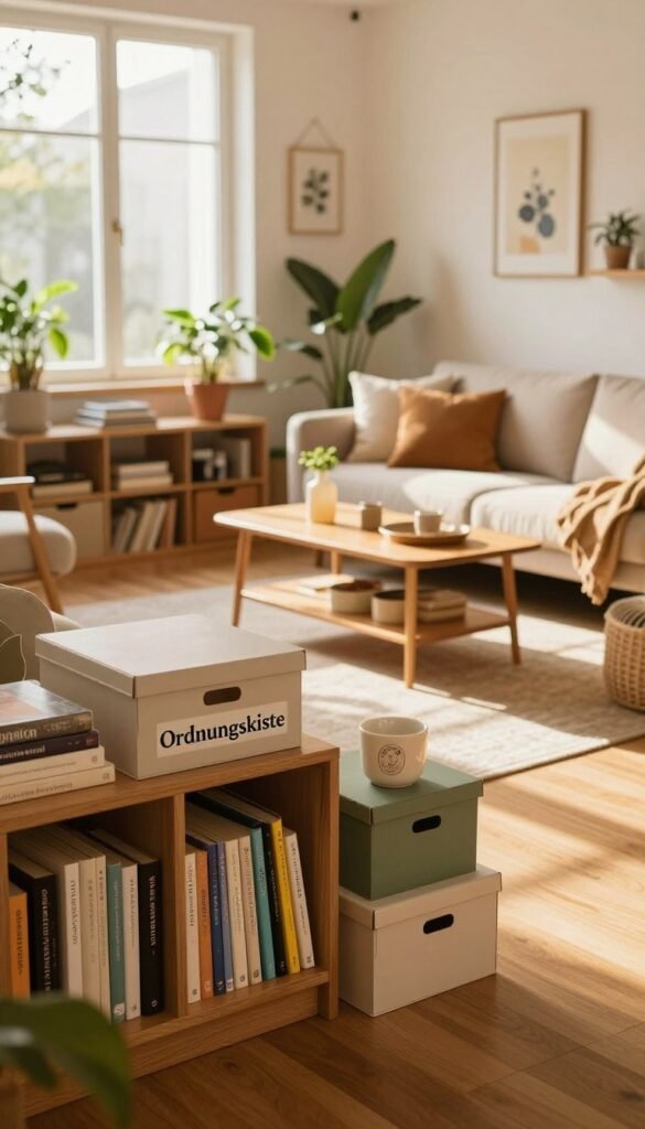 A cozy and stylish living space showcasing innovative storage solutions. In the foreground, a beautifully organized bookshelf filled with colorful books and decorative boxes labeled with "Ordnungskiste," emphasizing clever storage. The middle features a comfortable seating area with a chic sofa adorned with soft cushions and a neatly arranged coffee table, highlighting a blend of aesthetics and functionality. In the background, large windows allow warm natural light to fill the room, casting gentle shadows that enhance its inviting atmosphere. The decor consists of potted plants and artful wall hangings, creating a Pinterest-like ambiance. The overall mood is calming and inspirational, reflecting a decluttered yet lived-in home that prevents chaos in daily life, all in warm tones to evoke a sense of warmth and comfort. A cozy and stylish living space showcasing innovative storage solutions. In the foreground, a beautifully organized bookshelf filled with colorful books and decorative boxes labeled with "Ordnungskiste," emphasizing clever storage. The middle features a comfortable seating area with a chic sofa adorned with soft cushions and a neatly arranged coffee table, highlighting a blend of aesthetics and functionality. In the background, large windows allow warm natural light to fill the room, casting gentle shadows that enhance its inviting atmosphere. The decor consists of potted plants and artful wall hangings, creating a Pinterest-like ambiance. The overall mood is calming and inspirational, reflecting a decluttered yet lived-in home that prevents chaos in daily life, all in warm tones to evoke a sense of warmth and comfort.