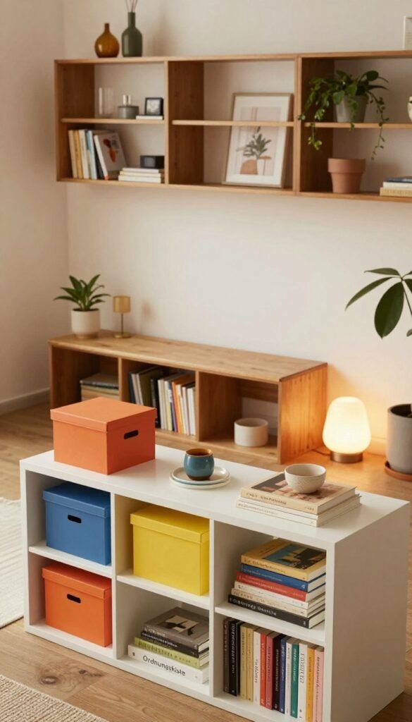 A cozy and stylish small apartment living area showcasing various storage solutions suited for different budget ranges: low, mid, and high. In the foreground, a sleek, budget-friendly shelving unit labeled "Ordnungskiste" filled with vibrant decorative boxes and neatly arranged books. The middle ground features a contemporary mid-range storage bench with hidden compartments and a couple of chic, minimalist floor lamps casting a warm glow. In the background, a high-end, custom-built shelving system adorned with elegant decor and a plant, creating an inviting atmosphere. The lighting is soft and natural, suggesting a bright afternoon, captured from a slightly angled perspective to add depth. The mood is warm and inspiring, embodying the Pinterest aesthetic with rich, inviting colors that evoke a sense of organized harmony.
