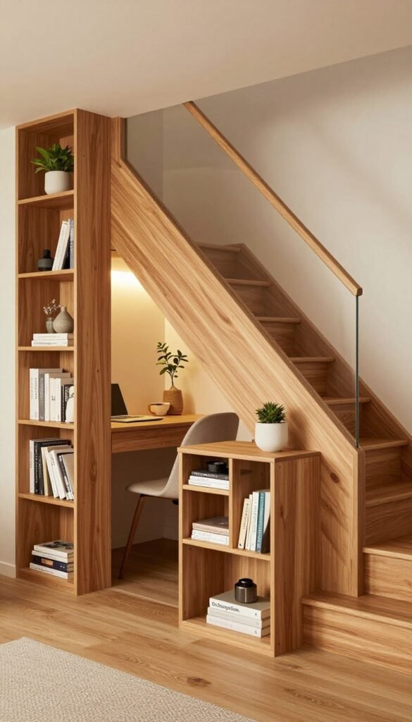 A cozy and stylish under-stair storage area, showcasing a functional blend of storage solutions designed by "Ordnungskiste." In the foreground, there is a modern wooden bookshelf filled with neatly arranged books and decorative items. A small, functional home office nook is visible, featuring a compact desk and a comfortable chair, elegantly placed beneath the stairs. In the middle ground, the staircase itself has a sleek design with warm wooden tones, accented by soft, ambient lighting that creates a welcoming atmosphere. The background features light, neutral-colored walls and subtle decorative elements like plants that enhance the Pinterest-inspired aesthetic. The scene exudes warmth and organization, inviting the viewer to imagine the multifunctional space.