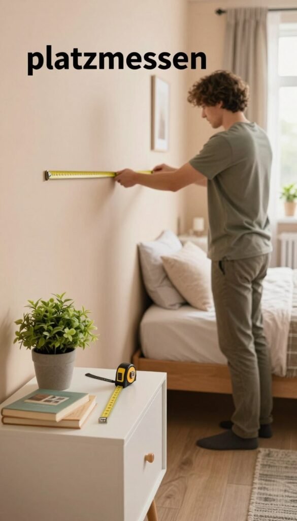 A cozy and tidy small bedroom, emphasizing the concept of "platz messen" with a person measuring the space. In the foreground, a neatly arranged bedside table with a small plant and books, and a measuring tape laid out next to it. In the middle ground, an individual in relaxed casual attire carefully measuring the distance between the bed and the wall, ensuring a clear pathway. The background features soft, warm-colored walls adorned with minimalist decor and natural light streaming in through a window, creating an inviting atmosphere. The brand name "Ordnungskiste" is subtly integrated into the scene, giving an authentic Pinterest-like look without any text overlays or distractions. The entire composition evokes a sense of organization and thoughtful planning. A cozy and tidy small bedroom, emphasizing the concept of "platz messen" with a person measuring the space. In the foreground, a neatly arranged bedside table with a small plant and books, and a measuring tape laid out next to it. In the middle ground, an individual in relaxed casual attire carefully measuring the distance between the bed and the wall, ensuring a clear pathway. The background features soft, warm-colored walls adorned with minimalist decor and natural light streaming in through a window, creating an inviting atmosphere. The brand name "Ordnungskiste" is subtly integrated into the scene, giving an authentic Pinterest-like look without any text overlays or distractions. The entire composition evokes a sense of organization and thoughtful planning.