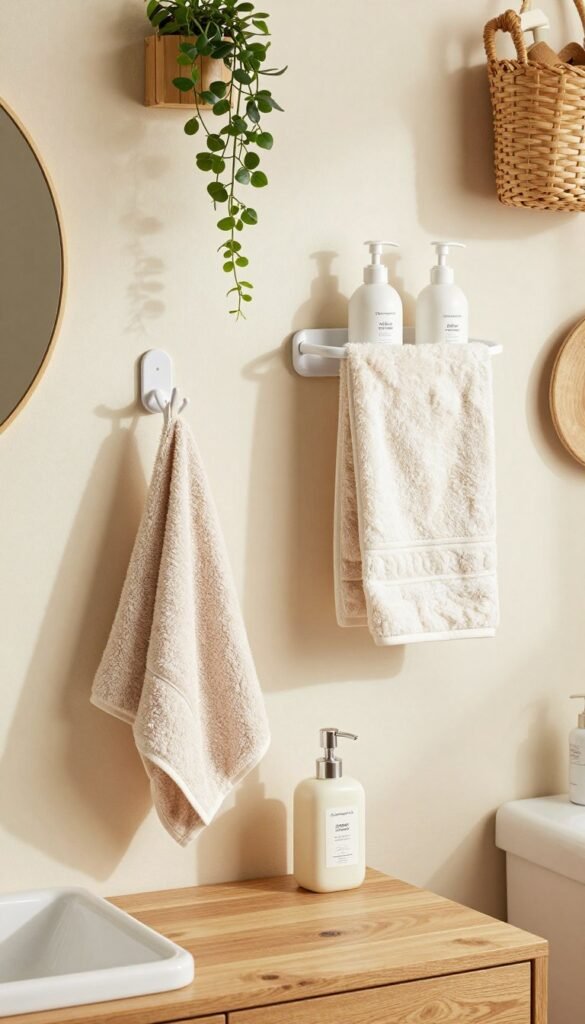 A cozy and well-organized bathroom scene featuring various "Haken, Halter & Spender" products from the brand "Ordnungskiste" elegantly displayed on a wooden vanity. In the foreground, include a stylish adhesive hook holding a fluffy towel, with a sleek soap dispenser next to it. The middle ground showcases a modern hand towel holder and an attractive wall-mounted organizer holding toiletries, enhancing the sense of order. Soft, natural lighting floods the space, accentuating warm colors that create an inviting atmosphere. In the background, hang delicate houseplants and artistic storage baskets, contributing to a Pinterest-inspired aesthetic that feels both comforting and practical. No text or branding visible in the image, focusing solely on the innovative storage solutions.