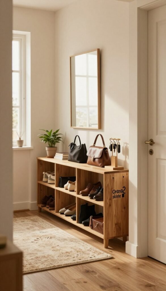 A cozy and well-organized hallway featuring a narrow bookshelf designed for small spaces. The foreground showcases a stylish wooden shelf labeled "Ordnungskiste," holding neatly arranged shoes, handbags, and key holders, all organized with aesthetic appeal. In the middle, a soft area rug enhances the warmth of the space, while a small potted plant adds a touch of greenery. The background includes a gently lit entryway with a full-length mirror reflecting softly diffused sunlight coming through a nearby window. The overall color palette uses warm tones, creating an inviting atmosphere. The image captures a Pinterest-inspired aesthetic with authentic, natural decor, free from any text or watermarks.