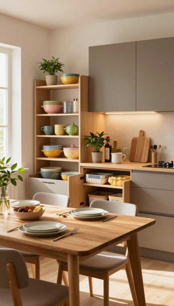 A cozy and well-organized kitchen and dining area showcasing innovative storage solutions from the brand "Ordnungskiste." In the foreground, a stylish wooden dining table set for two with neatly arranged plates and utensils, adding a touch of modern elegance. In the middle ground, open shelves display colorful kitchenware and neatly organized pantry items, with small potted plants for a pop of greenery. The background reveals a compact kitchen with sleek cabinets, warm lighting illuminating the space, creating a welcoming atmosphere. Capture a Pinterest-inspired look with natural, warm colors and sunlight streaming through a nearby window, highlighting the functionality and order of the area. No people in the image; focus strictly on the kitchen and dining setup, ensuring a clean and authentic aesthetic without any text or distractions.