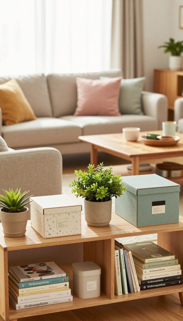 A cozy and well-organized living room highlighting various stylish storage solutions from "Ordnungskiste." In the foreground, a beautifully arranged shelf showcases decorative storage boxes, vibrant plants, and neatly stacked books. The middle ground features a comfortable sofa adorned with pastel-colored cushions, while a wooden coffee table holds a few neatly organized items. In the background, soft natural light filters through sheer curtains, illuminating the entire space with warm tones. The overall atmosphere conveys a sense of calm and harmony, ideal for a home that embodies structure and order. The focus is on creating an inviting, Pinterest-inspired ambiance without any text or branding elements in the image.