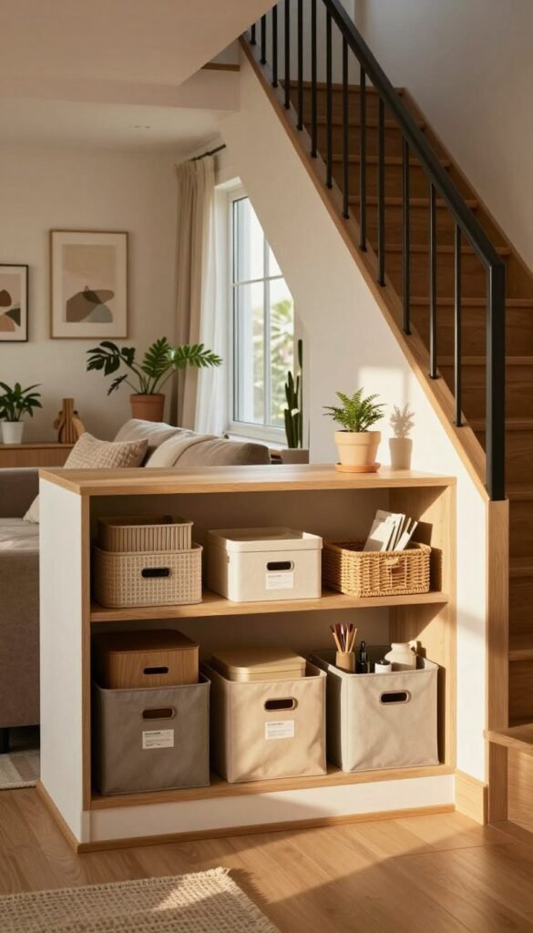 A cozy and well-organized living space featuring a stylish nook, utilizing underutilized areas like a sloped ceiling and staircase. In the foreground, a beautifully arranged niche showcases a selection of neatly stored items in elegant Ordnungskiste storage boxes. The middle ground includes a large window letting in warm, natural light that casts soft shadows, enhancing the inviting atmosphere. The background features a tastefully decorated area with plants and artwork, creating a Pinterest-worthy aesthetic. The color palette should consist of warm earthy tones, evoking comfort and functionality. Capture a sense of tranquility and efficiency within this small apartment design, focusing on how innovative storage solutions help maximize space. A cozy and well-organized living space featuring a stylish nook, utilizing underutilized areas like a sloped ceiling and staircase. In the foreground, a beautifully arranged niche showcases a selection of neatly stored items in elegant Ordnungskiste storage boxes. The middle ground includes a large window letting in warm, natural light that casts soft shadows, enhancing the inviting atmosphere. The background features a tastefully decorated area with plants and artwork, creating a Pinterest-worthy aesthetic. The color palette should consist of warm earthy tones, evoking comfort and functionality. Capture a sense of tranquility and efficiency within this small apartment design, focusing on how innovative storage solutions help maximize space.