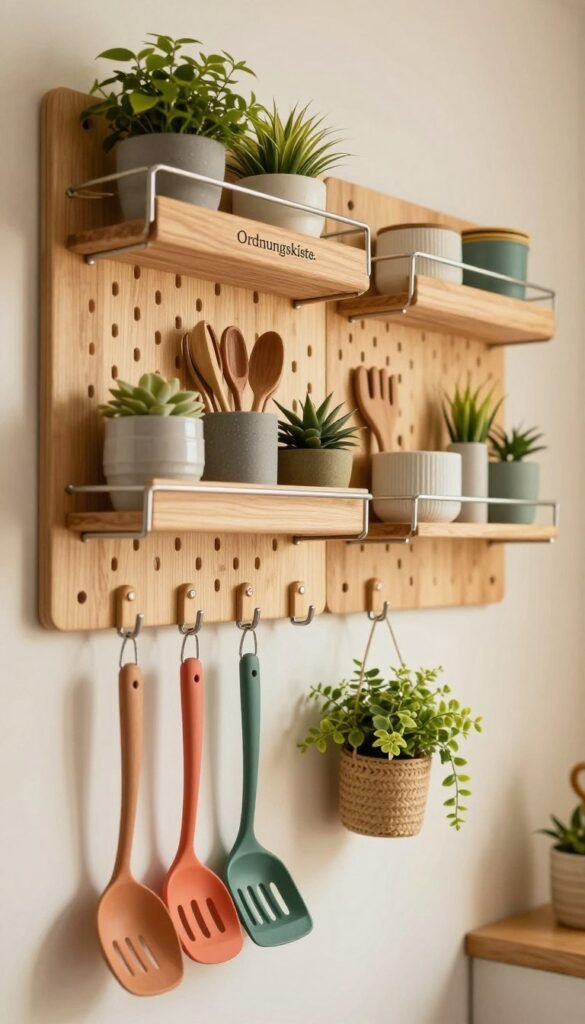 A cozy and well-organized wall space featuring a variety of stylish wall hooks, pegboards, and railings specifically from the brand "Ordnungskiste." In the foreground, a collection of colorful kitchen utensils and potted plants hangs from the hooks, creating a vibrant display. The middle section showcases a harmonious pegboard filled with craft supplies, showcasing beautiful textures and colors. In the background, soft, warm lighting casts a welcoming glow over the scene, emphasizing natural materials like wood and metal. The mood is inviting and creative, perfect for illustrating effective vertical storage solutions. The entire composition has a Pinterest-inspired aesthetic, focusing on authenticity and warmth, with no text or watermarks disrupting the visual flow.
