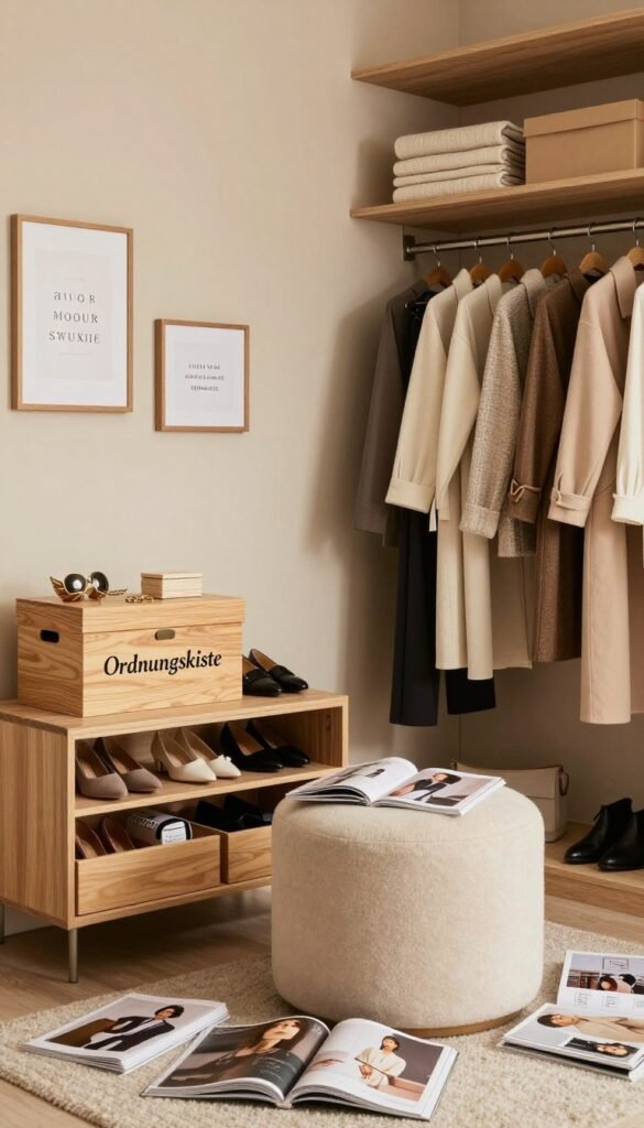 A cozy and well-organized wardrobe, with warm, natural lighting creating a serene atmosphere. In the foreground, a stylish open closet displays neatly arranged clothes in soft, muted colors, showcasing a variety of professional and casual attire. On one side, a beautifully crafted wooden box labeled "Ordnungskiste" sits, containing accessories and shoes. In the middle, a plush ottoman is surrounded by scattered fashion magazines, inviting one to explore their wardrobe. The background features soft beige walls adorned with framed inspirational quotes about minimalism and style. The overall mood is calm and inviting, reflecting a stress-free wardrobe analysis. The image captures the essence of planning a capsule wardrobe, without any text or distractions.
