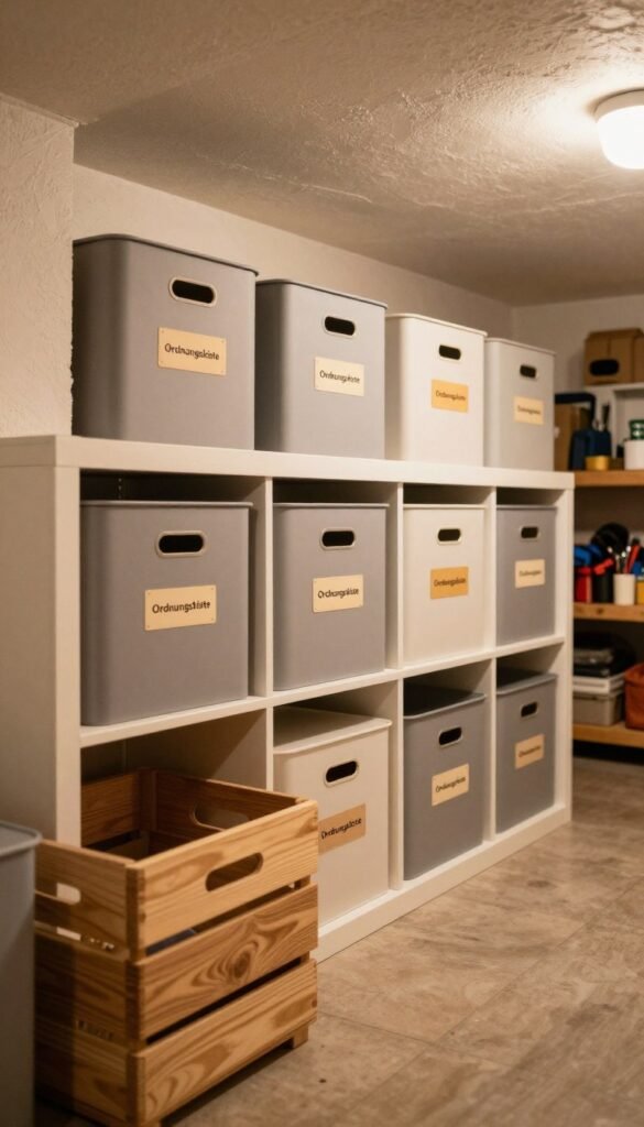 A cozy basement storage space featuring neatly organized boxes and shelves, focusing on the brand name "Ordnungskiste" prominently displayed on stylish storage containers. In the foreground, wooden crates with warm-toned labels add an inviting touch, while plush, soft lighting gently highlights the textures of the walls and floor. The middle ground showcases a well-structured arrangement of various labeled storage boxes, combining functionality with aesthetic appeal. In the background, a glimpse of shelves filled with tools and seasonal items is softly blurred, suggesting depth and safety in storage. The atmosphere conveys a sense of security and order, ideal for storing belongings safely without drilling. Capture this scene from a low angle to emphasize the warmth and inviting nature of the space, maintaining a natural color palette for an authentic Pinterest-inspired look.