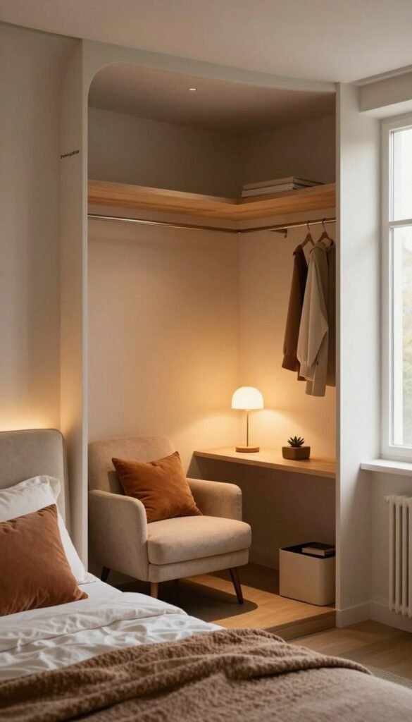 A cozy bedroom niche featuring a stylish wardrobe designed as a built-in closet, utilizing the space efficiently. In the foreground, a plush bed with an elegant headboard integrated into the niche, adorned with soft throw pillows in warm, inviting tones. The middle layer showcases a reading corner with a comfortable armchair and a small side table, surrounded by soft, atmospheric lighting from a nearby lamp. In the background, a window allows natural light to filter in, casting a warm glow across the room. The overall mood is serene and inviting, with an aesthetically pleasing Pinterest-inspired look. Include subtle branding from 'Ordnungskiste' on the wardrobe. The image should be authentic and devoid of any text or overlays.