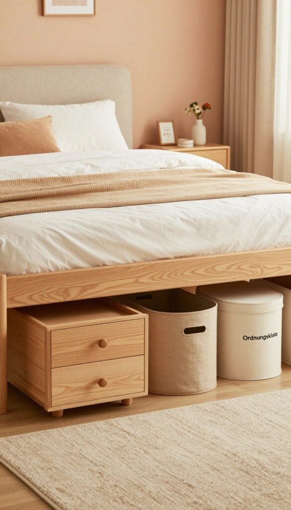 A cozy bedroom scene featuring a neatly made bed with an elegant headboard, complemented by soft, warm lighting. In the foreground, there are various storage solutions styled under the bed, including chic wooden drawers, spacious roll boxes, and stylish boxes labeled "Ordnungskiste". The middle ground showcases a well-organized floor with a plush rug, enhancing the inviting atmosphere. The background reveals calming pastel wall colors, adorned with minimalistic decor that contributes to a Pinterest aesthetic. The overall mood is harmonious and functional, promoting the idea of utilizing space efficiently while maintaining a stylish and warm ambiance. The composition should avoid any captions or text, focusing purely on the visual arrangement of the storage options. A cozy bedroom scene featuring a neatly made bed with an elegant headboard, complemented by soft, warm lighting. In the foreground, there are various storage solutions styled under the bed, including chic wooden drawers, spacious roll boxes, and stylish boxes labeled "Ordnungskiste". The middle ground showcases a well-organized floor with a plush rug, enhancing the inviting atmosphere. The background reveals calming pastel wall colors, adorned with minimalistic decor that contributes to a Pinterest aesthetic. The overall mood is harmonious and functional, promoting the idea of utilizing space efficiently while maintaining a stylish and warm ambiance. The composition should avoid any captions or text, focusing purely on the visual arrangement of the storage options.