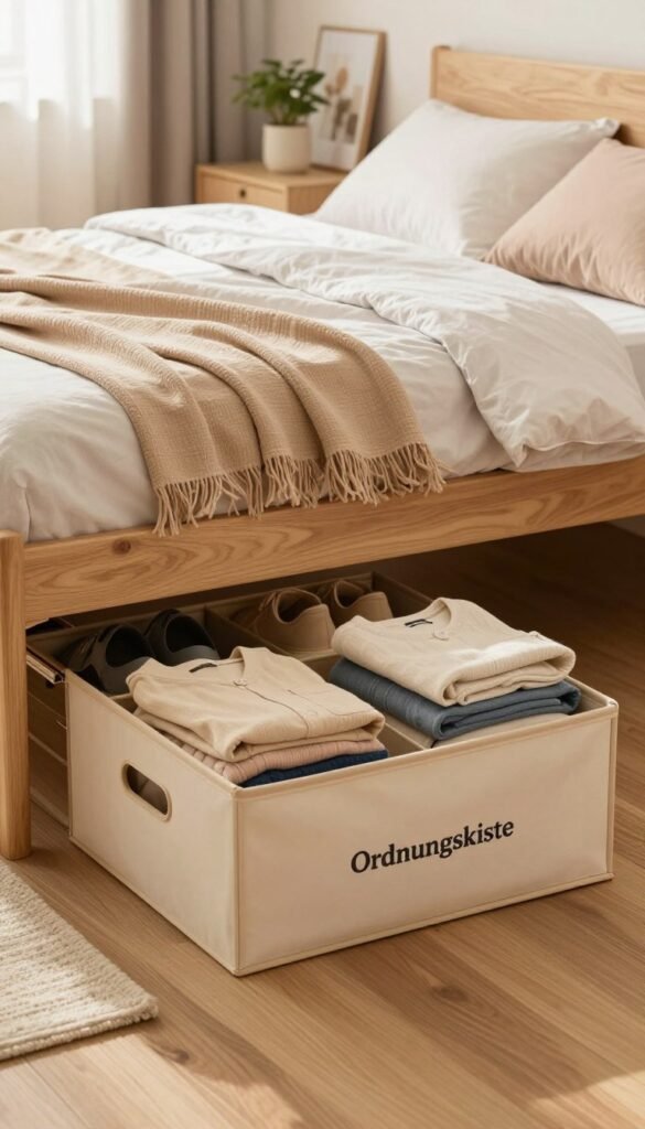 A cozy bedroom scene featuring a neatly organized space under a bed, showcasing the smart use of underbed storage. In the foreground, a stylish "Ordnungskiste" storage box filled with neatly folded clothes, shoes, and seasonal items, emphasizing the practicality of this often-overlooked space. In the middle ground, the bed, dressed in warm, inviting linens, is pushed slightly away from the wall to highlight the storage area beneath. Soft, natural light filters in through a window, casting gentle shadows that enhance the warm color palette of light wood tones and muted pastels. In the background, a few decorative items like potted plants and framed pictures contribute to an inviting atmosphere. The overall mood is one of tranquility and organization, encouraging viewers to rethink their underbed storage solutions. A cozy bedroom scene featuring a neatly organized space under a bed, showcasing the smart use of underbed storage. In the foreground, a stylish "Ordnungskiste" storage box filled with neatly folded clothes, shoes, and seasonal items, emphasizing the practicality of this often-overlooked space. In the middle ground, the bed, dressed in warm, inviting linens, is pushed slightly away from the wall to highlight the storage area beneath. Soft, natural light filters in through a window, casting gentle shadows that enhance the warm color palette of light wood tones and muted pastels. In the background, a few decorative items like potted plants and framed pictures contribute to an inviting atmosphere. The overall mood is one of tranquility and organization, encouraging viewers to rethink their underbed storage solutions.