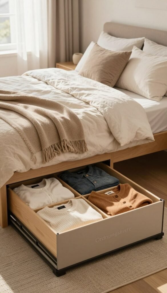 A cozy bedroom scene featuring an elegantly crafted underbed storage solution by "Ordnungskiste". In the foreground, a stylish open storage box reveals neatly organized seasonal clothing and bedding, showcasing a blend of textures and colors. In the middle ground, the bed is adorned with soft, neutral-toned linens and plush pillows, inviting relaxation. The background features a softly lit window draped with sheer curtains, allowing warm, natural light to flood the room, enhancing the inviting atmosphere. The entire composition embodies a harmonious and organized space, capturing the essence of maximizing storage in a practical yet aesthetically pleasing way. The colors are warm and inviting, creating a Pinterest-like aesthetic without any text or distractions in the image.