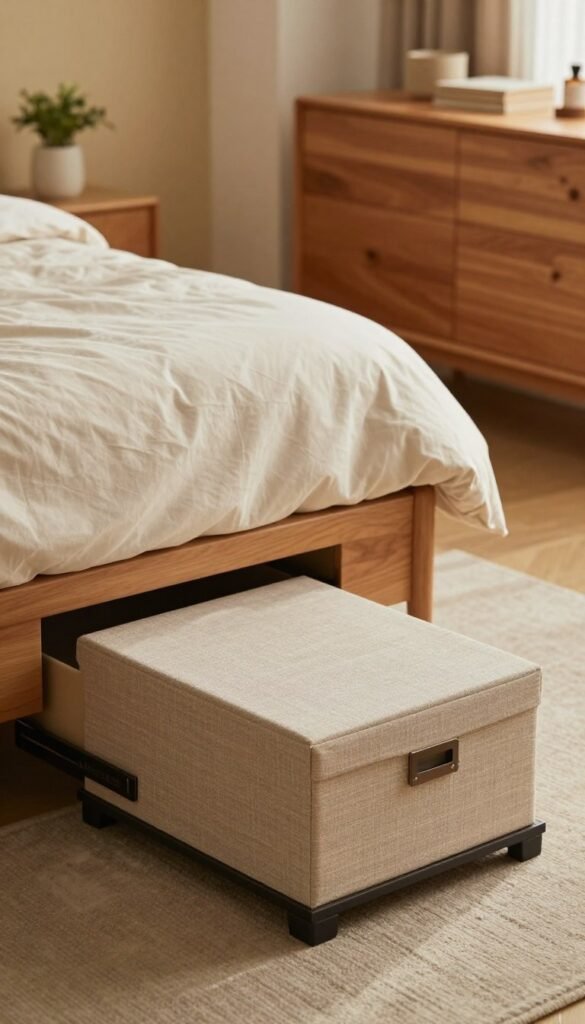 A cozy bedroom scene featuring under-bed storage solutions, showcasing both a sleek under-bed dresser and flat storage boxes. The foreground displays an elegant Ordnungskiste flat box with a textured fabric lid, partially pulled out from beneath a well-made bed with soft, neutral bedding. In the middle ground, a stylish wooden under-bed dresser adds warmth to the space. The background is softly blurred, revealing a tasteful blend of warm colors on the walls and a hint of plants, enhancing a Pinterest-inspired aesthetic. The lighting is soft and natural, casting gentle shadows that create a welcoming atmosphere. The composition highlights organization and simplicity, reflecting a practical yet inviting storage solution without any text or distractions.