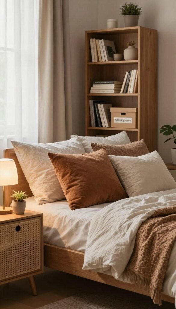A cozy bedroom scene focused on a beautifully made bed, featuring soft, textured linens and an inviting array of decorative pillows in warm, earthy tones. The foreground showcases an intricately designed nightstand with a minimalist lamp and a small potted plant. In the middle, a well-organized bookshelf displays neatly arranged books and personal items, contributing to the sense of order. In the background, natural light filters through sheer curtains, casting a gentle glow across the room, accentuating the warm colors. The atmosphere is calm and inviting, ideal for promoting organization in small spaces. Include a tasteful storage box labeled "Ordnungskiste," subtly integrated into the decor. The image captures a sense of peace and functionality, encouraging viewers to create order in their own lives. A cozy bedroom scene focused on a beautifully made bed, featuring soft, textured linens and an inviting array of decorative pillows in warm, earthy tones. The foreground showcases an intricately designed nightstand with a minimalist lamp and a small potted plant. In the middle, a well-organized bookshelf displays neatly arranged books and personal items, contributing to the sense of order. In the background, natural light filters through sheer curtains, casting a gentle glow across the room, accentuating the warm colors. The atmosphere is calm and inviting, ideal for promoting organization in small spaces. Include a tasteful storage box labeled "Ordnungskiste," subtly integrated into the decor. The image captures a sense of peace and functionality, encouraging viewers to create order in their own lives.