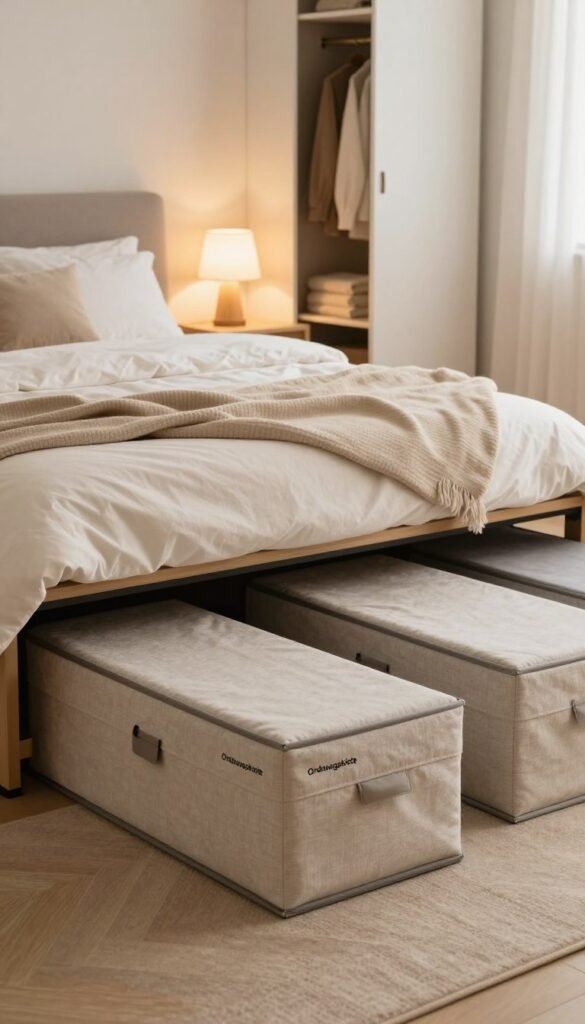 A cozy bedroom scene showcasing a neatly organized space featuring "Ordnungskiste" under-bed storage boxes. In the foreground, several elegant under-bed boxes with soft, neutral textile coverings, elegantly arranged to highlight their practical use. The middle ground includes a neatly made bed with plush pillows and a light blanket, complemented by a stylish bedside lamp casting warm, inviting light. In the background, touch of a minimalist wardrobe with open doors, revealing organized clothing compartments. The ambiance is warm and soothing, resembling a Pinterest-inspired aesthetic with natural colors and soft lighting, evoking tranquility and order without any text or distractions.