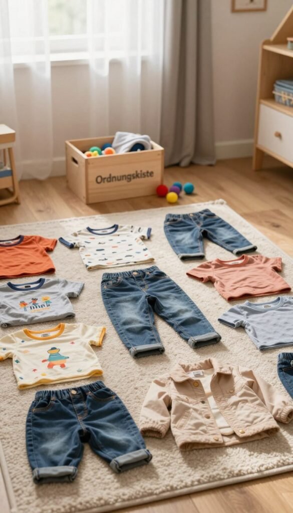 A cozy children's bedroom scene with neatly organized, casually worn clothing laid out on a soft, textured rug. In the foreground, a variety of colorful children's outfits—t-shirts, jeans, and light jackets—are artfully arranged, showing playful patterns and warm colors. In the middle ground, a wooden toy box labeled "Ordnungskiste" sits partially open, with a few toys spilling out, emphasizing an atmosphere of organized chaos. The background features a softly lit window with sheer curtains, allowing warm, natural light to flood the room and create a welcoming mood. The image captures the essence of managing everyday children's clothing without the need for immediate washing, evoking a sense of practicality and warmth. A cozy children's bedroom scene with neatly organized, casually worn clothing laid out on a soft, textured rug. In the foreground, a variety of colorful children's outfits—t-shirts, jeans, and light jackets—are artfully arranged, showing playful patterns and warm colors. In the middle ground, a wooden toy box labeled "Ordnungskiste" sits partially open, with a few toys spilling out, emphasizing an atmosphere of organized chaos. The background features a softly lit window with sheer curtains, allowing warm, natural light to flood the room and create a welcoming mood. The image captures the essence of managing everyday children's clothing without the need for immediate washing, evoking a sense of practicality and warmth.