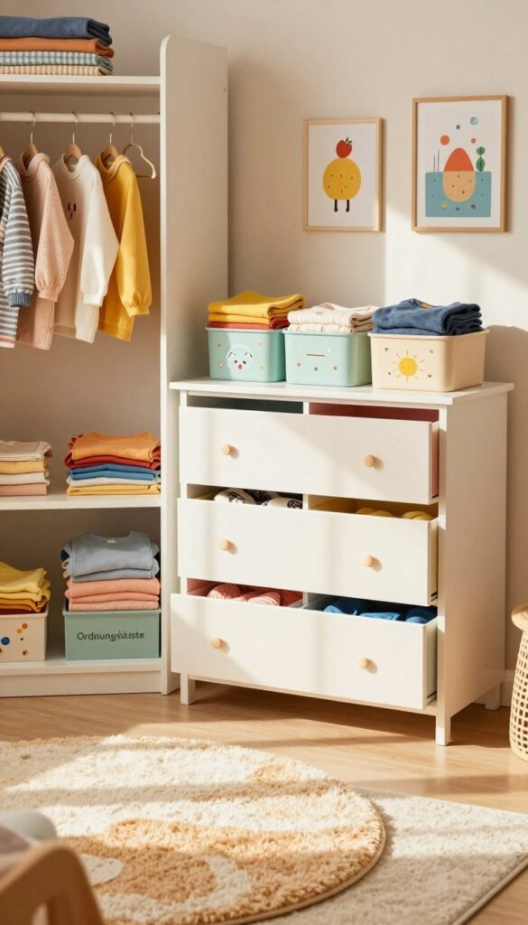 A cozy children's room featuring three distinct organizational systems for kids' clothing—an open wardrobe with neatly hung clothes, a stylish chest of drawers with colorful storage bins, and charming boxes from the brand "Ordnungskiste" filled with neatly folded garments. In the foreground, a soft, plush rug in warm tones adds to the inviting atmosphere. The middle layer showcases well-organized elements with a gentle play of sunlight filtering through a window, casting soft shadows on the floor. In the background, wall decorations that include playful art and a cheerful color palette enhance the joyful mood of the space. The lighting is warm and natural, suggesting a bright and happy environment ideal for children. Overall, the composition embodies order and functionality while remaining inviting and stylish.