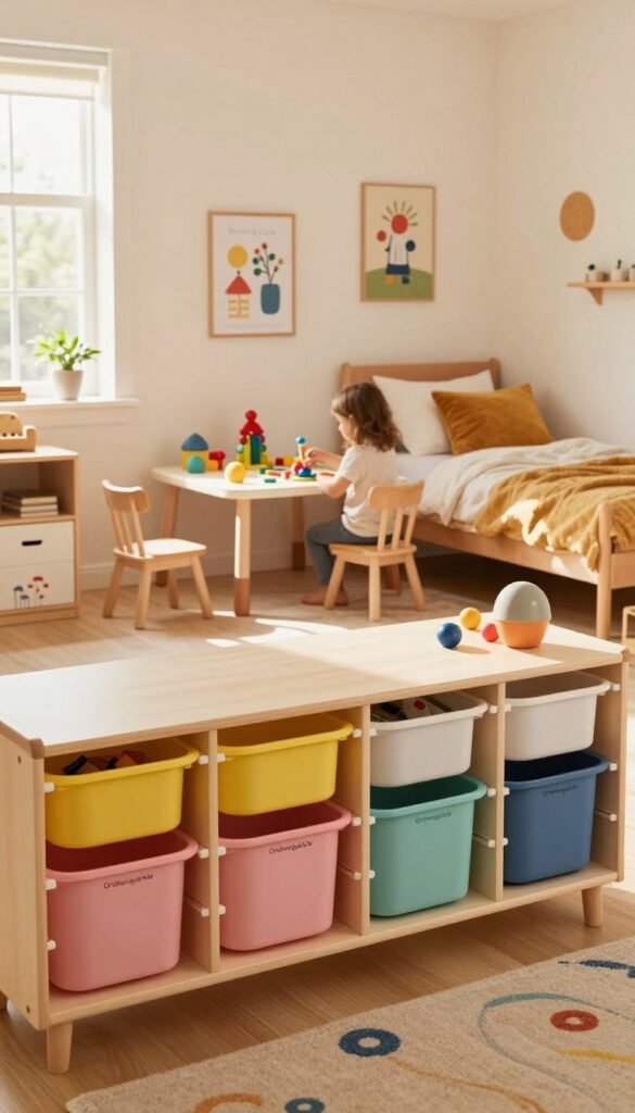 A cozy children's room filled with warmth and natural light, featuring an organized play area that showcases "Ordnungskiste" storage solutions. In the foreground, colorful bins and boxes neatly arranged on low shelves, inviting engagement. The middle features a small table where kids can play with toys, surrounded by playful decorative elements like wall art and cheerful cushions. In the background, a bed draped with soft bedding and a window letting in gentle sunlight, casting a soft glow across the room. The atmosphere is friendly and peaceful, ideal for nurturing creativity and order. Use a wide-angle lens to capture the entire room and highlight the clever storage systems, with warm, inviting colors that reflect a Pinterest aesthetic. A cozy children's room filled with warmth and natural light, featuring an organized play area that showcases "Ordnungskiste" storage solutions. In the foreground, colorful bins and boxes neatly arranged on low shelves, inviting engagement. The middle features a small table where kids can play with toys, surrounded by playful decorative elements like wall art and cheerful cushions. In the background, a bed draped with soft bedding and a window letting in gentle sunlight, casting a soft glow across the room. The atmosphere is friendly and peaceful, ideal for nurturing creativity and order. Use a wide-angle lens to capture the entire room and highlight the clever storage systems, with warm, inviting colors that reflect a Pinterest aesthetic.