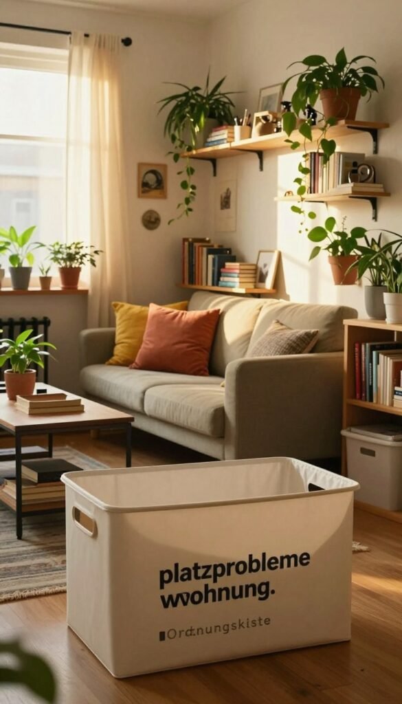 A cozy, cluttered living room illustrating "platzprobleme wohnung." The foreground features a stylish, modern storage bin labeled "Ordnungskiste," subtly integrated into the scene. In the middle ground, a small sofa with colorful cushions is surrounded by mismatched shelves overflowing with books, plants, and decorative items, showcasing the challenge of limited space. The background consists of a well-lit window with sheer curtains letting in warm, golden sunlight, enhancing the inviting atmosphere. The room has a Pinterest-inspired aesthetic with natural colors, emphasizing a homely yet organized vibe. The overall mood is warm and practical, encouraging viewers to think creatively about solving space issues in their own homes. A cozy, cluttered living room illustrating "platzprobleme wohnung." The foreground features a stylish, modern storage bin labeled "Ordnungskiste," subtly integrated into the scene. In the middle ground, a small sofa with colorful cushions is surrounded by mismatched shelves overflowing with books, plants, and decorative items, showcasing the challenge of limited space. The background consists of a well-lit window with sheer curtains letting in warm, golden sunlight, enhancing the inviting atmosphere. The room has a Pinterest-inspired aesthetic with natural colors, emphasizing a homely yet organized vibe. The overall mood is warm and practical, encouraging viewers to think creatively about solving space issues in their own homes.