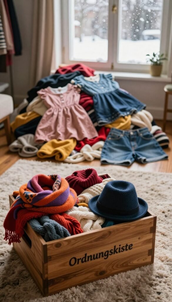 A cozy, cluttered room during winter with seasonal clothing scattered about. In the foreground, a stylish wooden storage box labeled "Ordnungskiste" is open, revealing vibrant winter clothes like scarves, hats, and thick sweaters overflowing. In the middle ground, a slightly disorganized pile of summer dresses and shorts spills onto a plush rug, creating a visual contrast between the two seasons. The background features a softly glowing window with snowflakes gently falling outside, allowing warm, natural light to fill the space. The focus is on creating a warm and inviting atmosphere, capturing the chaos and lack of organization typical when storing seasonal clothing. Use warm colors for an authentic Pinterest aesthetic, ensuring no text or logos appear in the image.