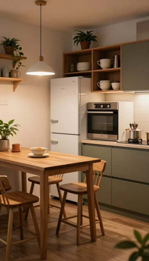 A cozy, compact kitchen designed for efficiency and style, featuring multifunctional furniture and appliances. In the foreground, a small café table with two stools, showcasing warm wood tones. The middle ground includes a compact refrigerator and a wall-mounted oven, seamlessly integrated with stylish cabinetry. In the background, open shelves filled with neatly organized kitchenware and indoor plants, adding a touch of greenery and warmth. The lighting is soft and inviting, emanating a warm glow from pendant lights above the table. The camera angle captures the kitchen from a slight diagonal perspective, enhancing the sense of depth and space. The overall mood is inviting and practical, reflecting a modern aesthetic ideal for small living spaces.