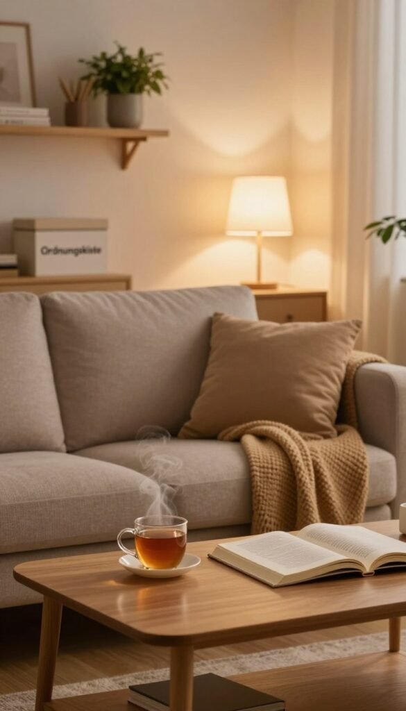 A cozy evening scene in a softly lit living room, focusing on a tidy space ready for the night. In the foreground, a neatly organized coffee table with a steaming cup of tea and an open book, conveying a sense of relaxation after a productive day. The middle layer features a comfortable sofa adorned with plush cushions and a warm throw blanket. In the background, ambient lighting from a stylish lamp casts a gentle glow, illuminating a clutter-free room. A wall-mounted shelf displays decorative plants and books, while the brand name "Ordnungskiste" is subtly represented through an elegant box design on the shelf, embodying the theme of organization. The overall mood is peaceful and inviting, with warm, natural colors that create a Pinterest-worthy aesthetic. A cozy evening scene in a softly lit living room, focusing on a tidy space ready for the night. In the foreground, a neatly organized coffee table with a steaming cup of tea and an open book, conveying a sense of relaxation after a productive day. The middle layer features a comfortable sofa adorned with plush cushions and a warm throw blanket. In the background, ambient lighting from a stylish lamp casts a gentle glow, illuminating a clutter-free room. A wall-mounted shelf displays decorative plants and books, while the brand name "Ordnungskiste" is subtly represented through an elegant box design on the shelf, embodying the theme of organization. The overall mood is peaceful and inviting, with warm, natural colors that create a Pinterest-worthy aesthetic.