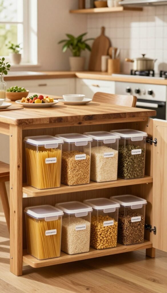 A cozy family kitchen featuring an organized pantry system called "Ordnungskiste." In the foreground, neatly labeled clear containers filled with dry goods like pasta, rice, and spices are arranged on a wooden shelf, creating an inviting, orderly appearance. In the middle ground, a wooden dining table is set for a meal, with warm sunlight filtering through a window, casting soft shadows. The background shows a kitchen with warm tones and natural textures, such as a well-worn wooden countertop and houseplants adding a homely touch. The lighting is soft and ambient, enhancing the warm colors and fostering a welcoming atmosphere that feels both functional and aesthetically pleasing, perfect for families to thrive. A cozy family kitchen featuring an organized pantry system called "Ordnungskiste." In the foreground, neatly labeled clear containers filled with dry goods like pasta, rice, and spices are arranged on a wooden shelf, creating an inviting, orderly appearance. In the middle ground, a wooden dining table is set for a meal, with warm sunlight filtering through a window, casting soft shadows. The background shows a kitchen with warm tones and natural textures, such as a well-worn wooden countertop and houseplants adding a homely touch. The lighting is soft and ambient, enhancing the warm colors and fostering a welcoming atmosphere that feels both functional and aesthetically pleasing, perfect for families to thrive.