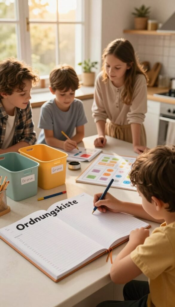 A cozy family kitchen filled with warm colors and a Pinterest-inspired aesthetic, showcasing a planner or notepad titled "Ordnungskiste" prominently in the foreground. A family of four, dressed in modest casual clothing, gathers around the kitchen island, engaged in discussing plans and goals, with one person writing on the notepad. In the middle ground, various organizational tools like colorful bins, labels, and charts are neatly arranged to signify household organization. The background features a warm, sunlit window that casts soft shadows, creating an inviting atmosphere. The overall mood is motivating and collaborative, emphasizing the importance of setting goals in family household management.