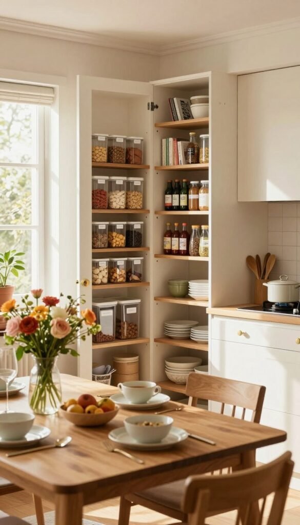 A cozy family kitchen in a modern home, showcasing an organized space with stylish storage solutions from "Ordnungskiste". In the foreground, a beautifully set dining table with fresh flowers, warm wooden textures, and appealing kitchenware. The middle ground features a well-arranged pantry with transparent containers, neatly labeled, and an inviting open shelf filled with spices and cookbooks. The background reveals a bright window with sunlight streaming in, illuminating the kitchen's warm color palette of soft creams and earthy tones. The atmosphere is homely and vibrant, reminiscent of Pinterest aesthetics. Use natural lighting from the window to enhance the inviting ambiance, with a camera angle capturing the depth of the room, ensuring a sense of warmth and comfort. A cozy family kitchen in a modern home, showcasing an organized space with stylish storage solutions from "Ordnungskiste". In the foreground, a beautifully set dining table with fresh flowers, warm wooden textures, and appealing kitchenware. The middle ground features a well-arranged pantry with transparent containers, neatly labeled, and an inviting open shelf filled with spices and cookbooks. The background reveals a bright window with sunlight streaming in, illuminating the kitchen's warm color palette of soft creams and earthy tones. The atmosphere is homely and vibrant, reminiscent of Pinterest aesthetics. Use natural lighting from the window to enhance the inviting ambiance, with a camera angle capturing the depth of the room, ensuring a sense of warmth and comfort.