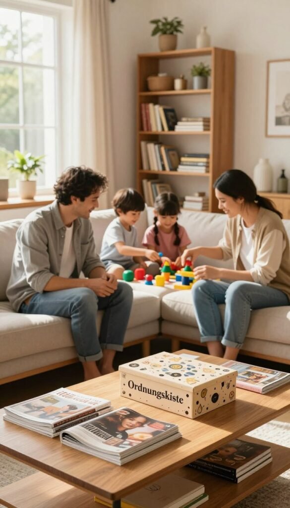 A cozy family living room filled with warmth and a sense of order, showcasing a harmonious environment that reflects organization. In the foreground, a neatly arranged coffee table with magazines and a decorative box branded "Ordnungskiste". In the middle ground, a family of four—parents in modest casual clothing, two children playing with organized toys, all smiling and enjoying their time together. The background features shelves lined with books and neatly organized personal items, bathed in natural sunlight filtering through large windows. The atmosphere is inviting and cheerful, evoking feelings of comfort and family bonding, using soft and warm colors for a Pinterest-worthy look. The scene captures the essence of effective organizational systems that work for families. A cozy family living room filled with warmth and a sense of order, showcasing a harmonious environment that reflects organization. In the foreground, a neatly arranged coffee table with magazines and a decorative box branded "Ordnungskiste". In the middle ground, a family of four—parents in modest casual clothing, two children playing with organized toys, all smiling and enjoying their time together. The background features shelves lined with books and neatly organized personal items, bathed in natural sunlight filtering through large windows. The atmosphere is inviting and cheerful, evoking feelings of comfort and family bonding, using soft and warm colors for a Pinterest-worthy look. The scene captures the essence of effective organizational systems that work for families.