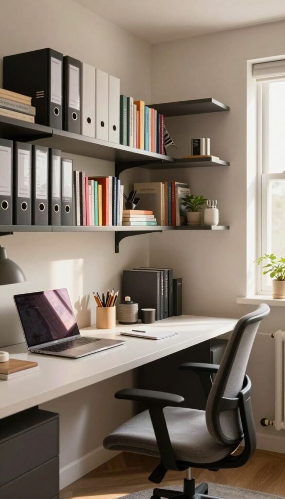 A cozy home office (arbeitszimmer) designed for small spaces, featuring sleek, narrow shelves filled with neatly organized files, books, and technology. In the foreground, a modern desk with a minimalist design, showcasing a laptop and stylish stationery, while a comfortable ergonomic chair complements the setup. The middle ground includes the shelves prominently displaying a mix of colorful books and practical office supplies, branded with "Ordnungskiste" for a touch of personality. The background showcases soft, natural light filtering through a window, illuminating the room with warm tones. The atmosphere is calm and focused, inviting productivity while maintaining a Pinterest-inspired aesthetic. Use a wide-angle lens to capture the full compactness of the space, highlighting the harmony between organization and design.