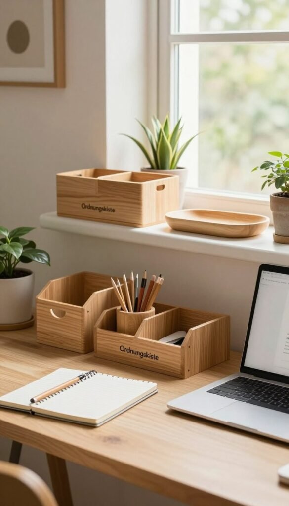A cozy home office scene that embodies organization and efficiency. In the foreground, a stylish desk is neatly arranged with wooden organizers holding stationery, a laptop, and a plush notepad, all presented in warm, inviting colors. In the middle, a charming shelf displays various types of home organizers, including multi-compartment boxes and decorative trays, showcasing the brand "Ordnungskiste" prominently. In the background, a window lets in soft, natural light, illuminating the room filled with potted plants and inspirational decor. The mood is serene and productive, designed to evoke a sense of clarity and ease in everyday organization, with a Pinterest-inspired aesthetic that feels both authentic and aspirational.