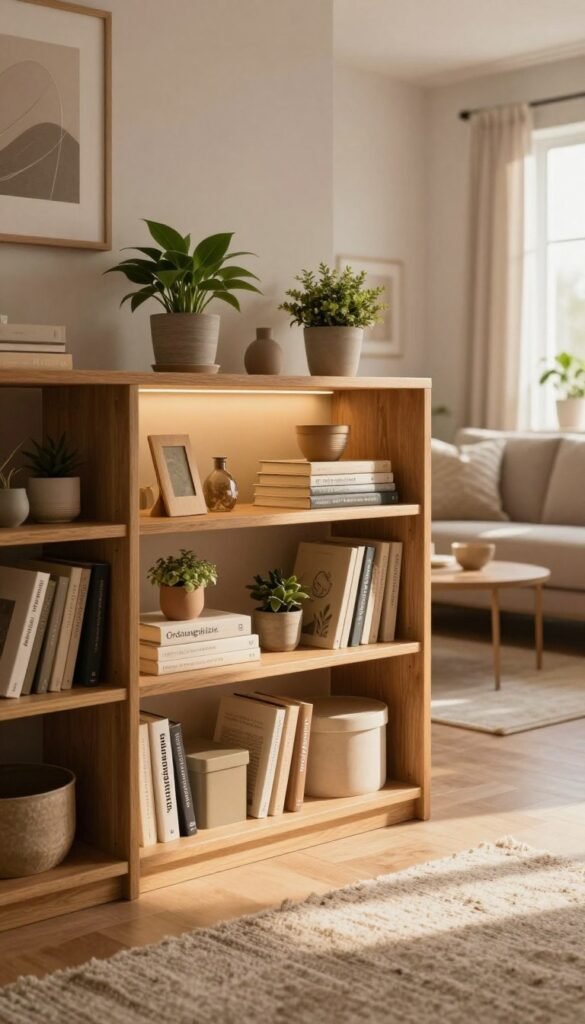 A cozy interior featuring a well-organized niche storage solution by "Ordnungskiste." In the foreground, a stylish wooden shelving unit fills the niche, showcasing neatly arranged books, decorative boxes, and potted plants. The middle is adorned with a soft rug that adds warmth, complemented by warm-toned lighting that creates a welcoming atmosphere. The background features a tastefully designed living room with soft, muted colors and natural textures, emphasizing a Pinterest-worthy aesthetic. The scene is illuminated by soft, diffused sunlight streaming through a window, casting gentle shadows and enhancing the overall inviting feel. Ensure the image captures the essence of practical elegance, with a focus on how niche spaces can be creatively utilized for storage.