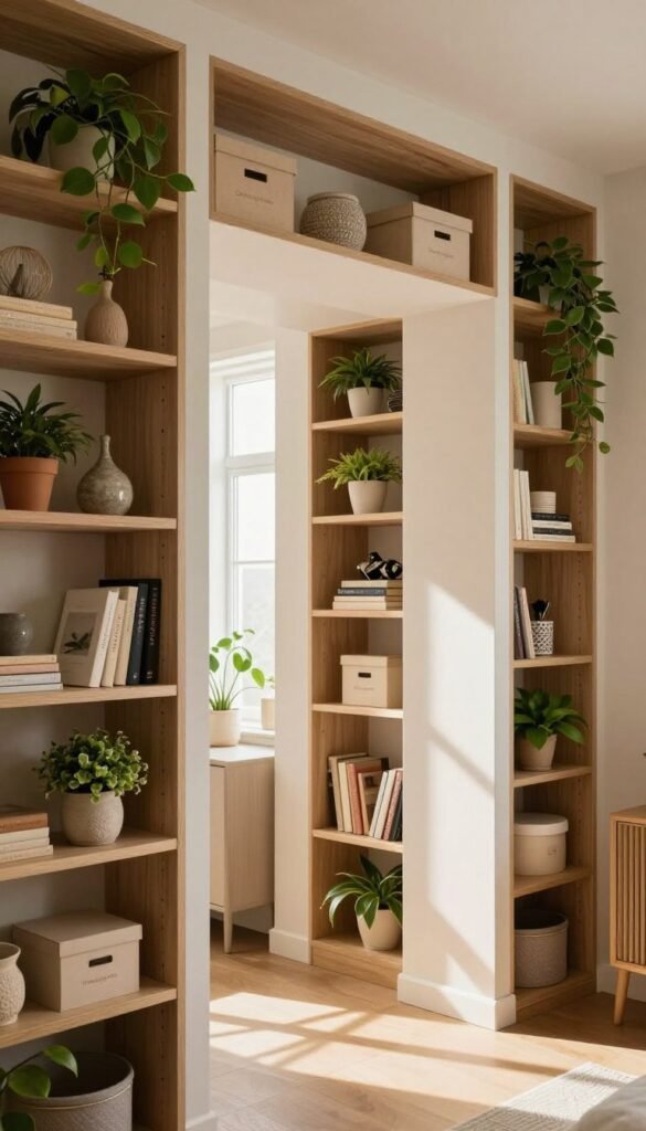 A cozy interior scene featuring beautifully designed niche shelves and doorways filled with storage solutions. In the foreground, modern wooden shelves decorated with houseplants, books, and artisanal storage boxes from the brand "Ordnungskiste". The middle ground showcases a stylish doorway with a creative shelving unit above, complemented by natural light filtering through a window, casting soft shadows. The background highlights a slender, airy room with warm, inviting colors and a Pinterest-inspired aesthetic, framed by light textures and elegant decor. The atmosphere feels organized, tranquil, and functional, capturing the essence of maximizing vertical storage in stylish ways. No text, watermarks, or markings in the image.
