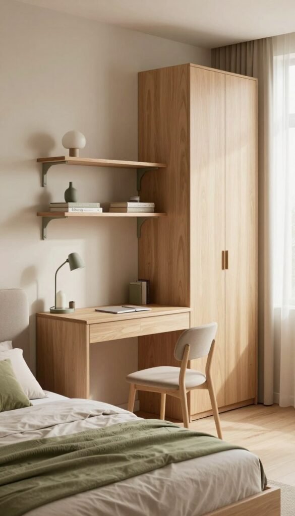 A cozy interior scene featuring modern, multifunctional furniture designed for vertical storage. The foreground displays a stylish bed with built-in shelves and a compact work desk, showcasing the furniture brand "Ordnungskiste." The middle ground reveals elegant storage solutions, such as floating shelves and a tall wardrobe that maximizes vertical space. In the background, soft natural light filters through large windows, enhancing the warm color palette of beige, light wood, and soft greens. The atmosphere is inviting and tranquil, perfect for both relaxation and productivity. The composition is taken from a slightly elevated angle, creating depth and focus on how each piece maintains a stylish yet functional space without taking up unnecessary floor area.