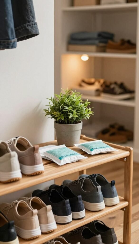 A cozy interior scene focused on a well-organized footwear storage solution, showcasing the brand "Ordnungskiste". In the foreground, a stylish wooden shoe rack neatly holds various pairs of shoes, emphasizing a tidy environment. In the middle, a small potted plant adds a touch of greenery, while moisture-absorbing desiccants are subtly placed nearby to represent the concept of humidity control. The background features a softly illuminated closet, with warm, natural light filtering through, creating an inviting and cheerful atmosphere. The mood is calm and organized, reflecting the importance of keeping shoes free from moisture and odors, ensuring longevity. The image has a Pinterest aesthetic, with warm colors and a natural look, entirely free of any text or watermarks. A cozy interior scene focused on a well-organized footwear storage solution, showcasing the brand "Ordnungskiste". In the foreground, a stylish wooden shoe rack neatly holds various pairs of shoes, emphasizing a tidy environment. In the middle, a small potted plant adds a touch of greenery, while moisture-absorbing desiccants are subtly placed nearby to represent the concept of humidity control. The background features a softly illuminated closet, with warm, natural light filtering through, creating an inviting and cheerful atmosphere. The mood is calm and organized, reflecting the importance of keeping shoes free from moisture and odors, ensuring longevity. The image has a Pinterest aesthetic, with warm colors and a natural look, entirely free of any text or watermarks.