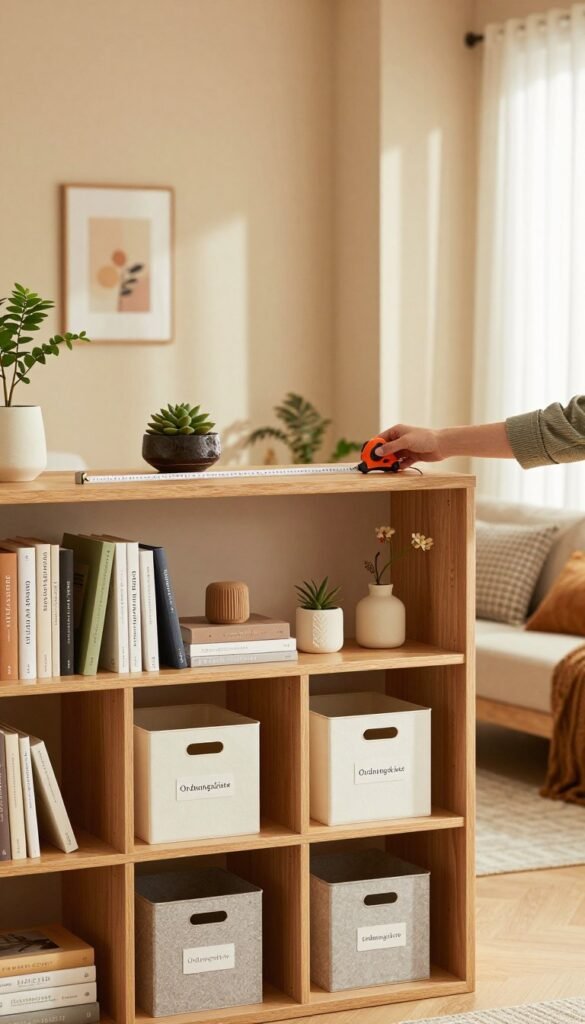 A cozy interior scene highlighting a perfectly measured niche designed for storage within a stylish room. In the foreground, an organized wooden shelving unit filled with neatly arranged books, storage bins labeled &ldquo;Ordnungskiste,&rdquo; and decorative items. The middle layer features a person in smart casual attire using a measuring tape to assess the dimensions of the niche, demonstrating the planning process. The background reveals soft, warm-toned walls adorned with simple artwork and potted plants, creating an inviting atmosphere. Natural light streams through a window, casting gentle shadows, while a focus on warm colors enhances the harmonious, Pinterest-inspired aesthetic. The image should convey a sense of practicality and elegance, reflecting thoughtful organization.
