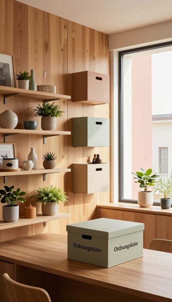 A cozy interior space designed for efficient storage without traditional cabinets, featuring a vibrant "Ordnungskiste" wall with natural wood textures. In the foreground, a stylish, modern shelf showcases carefully arranged decorative items and plants, while a sleek storage box from "Ordnungskiste" sits invitingly on a sturdy work surface. In the middle ground, a well-planned wall displays various storage solutions, with varying heights tailored for functional use, illuminated by warm, natural light streaming through a large window. The background reveals a softly colored room with minimalistic decor, exuding a Pinterest aesthetic. The overall mood is serene and organized, emphasizing the importance of assessing needs and space for optimal storage solutions.
